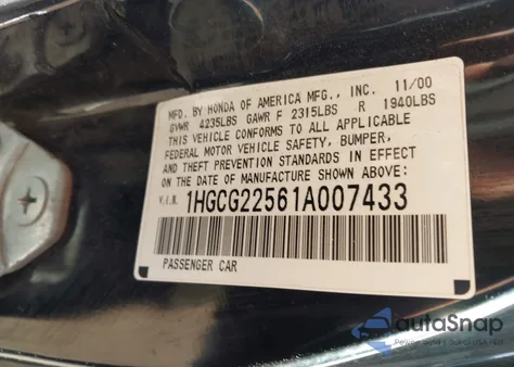 2001 Honda Accord 3.0 Ex из США, поврежденный, VIN 1HGCG22561A007433